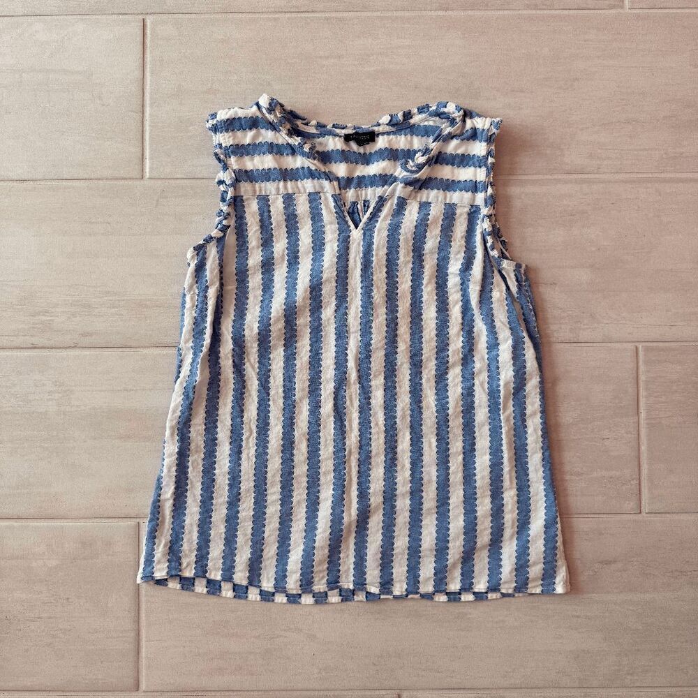 Talbots Blue Striped Blouse Boho Beach Tunic Sleeveless Ruffle Trim Small Cotton